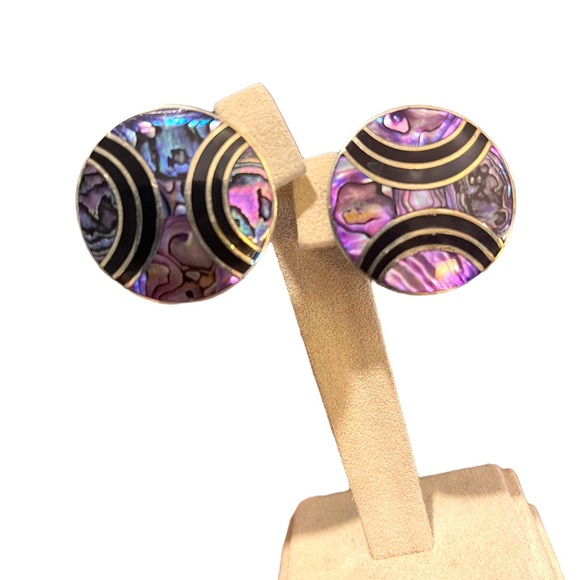 Vintage Purple Abalone inlay Alpaca round earrings pierced mexico black onyx - Picture 2 of 6